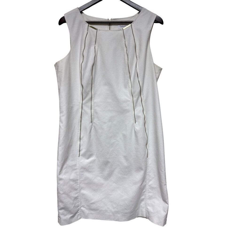 Calvin Klein Women's Dress White Sleeveless Gold Zipper Lined Office Siren 16